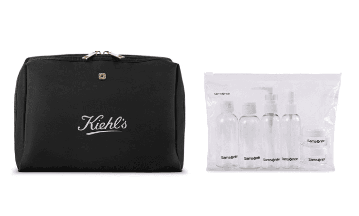Screenshot of a black toiletry bag and a plastic bag with travel bottles inside.