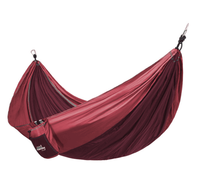 A burgundy hammock.