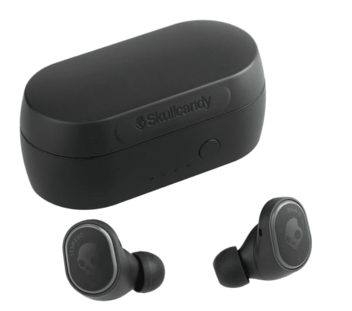 Screenshot of a pair of black earbuds and a case.