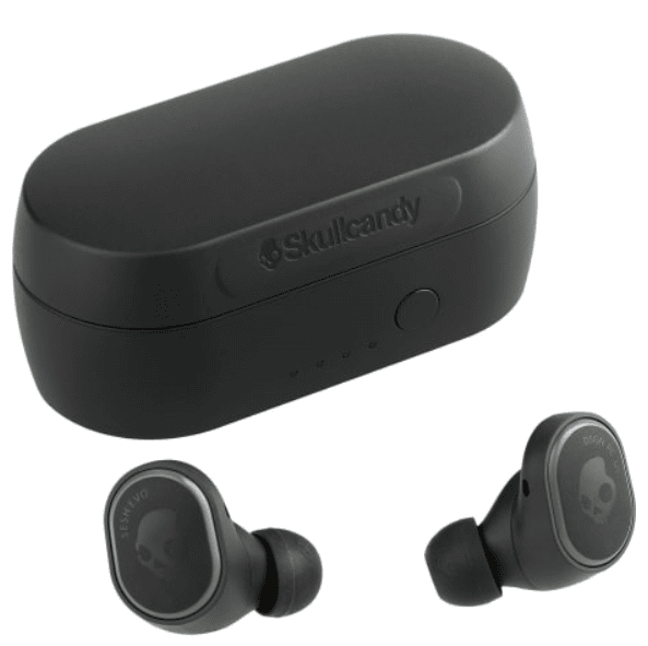 A pair of earbuds and a case.