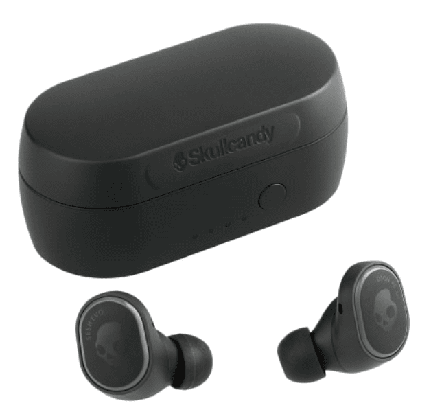 A pair of Bluetooth earbuds and a case.