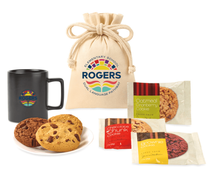 A mug, a pouch, a plate of cookies and three cookie packages.