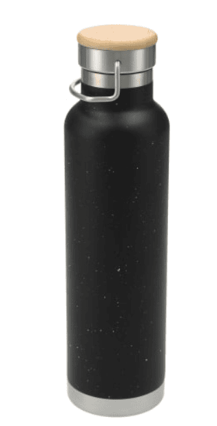A black water bottle with lid.