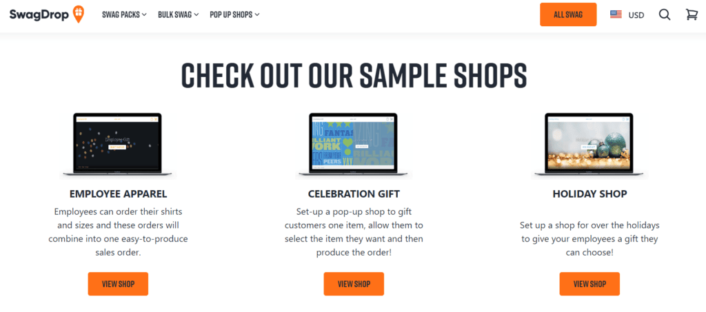 Screenshot of the SwagDrop sample pop-up shops.