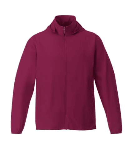 SwagDrop TOBA Packable Jacket, in burgundy, with a water-repellant finish, conveniently folding into its pocket, making it ideal for all-weather wear.