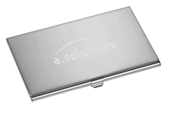 Screenshot of a silver  business card holder.