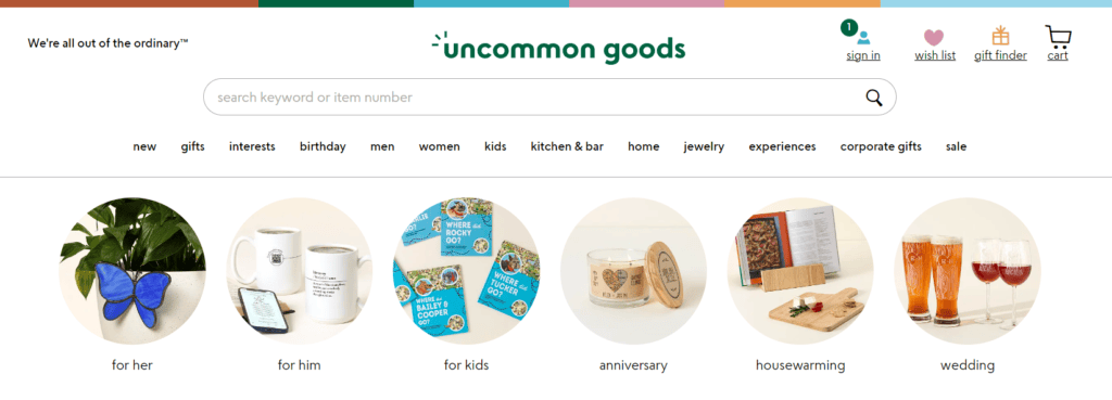 Screenshot of the Uncommon Goods homepage.