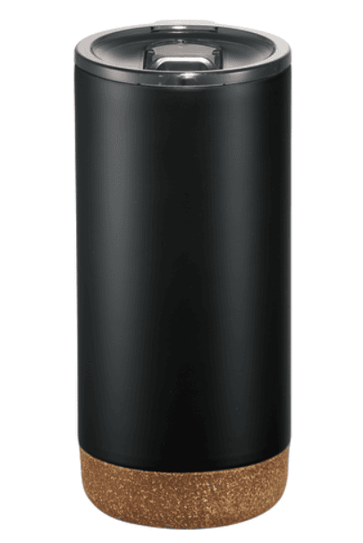 A black tumbler with a cork bottom.