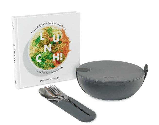 A book, a silicone bowl, and cutlery.