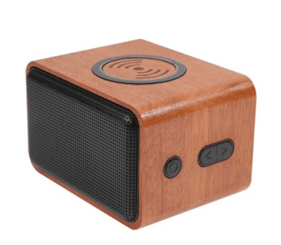 A wood Bluetooth speaker.