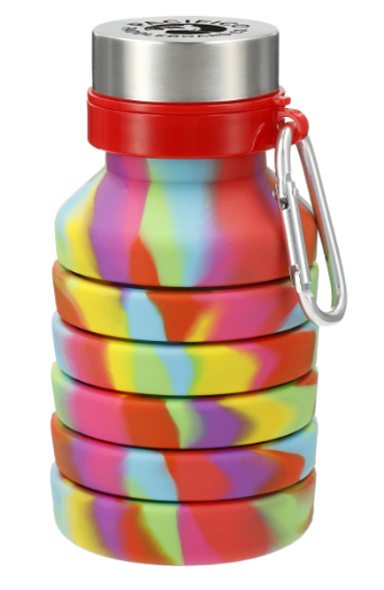 A colorful collapsible water bottle.