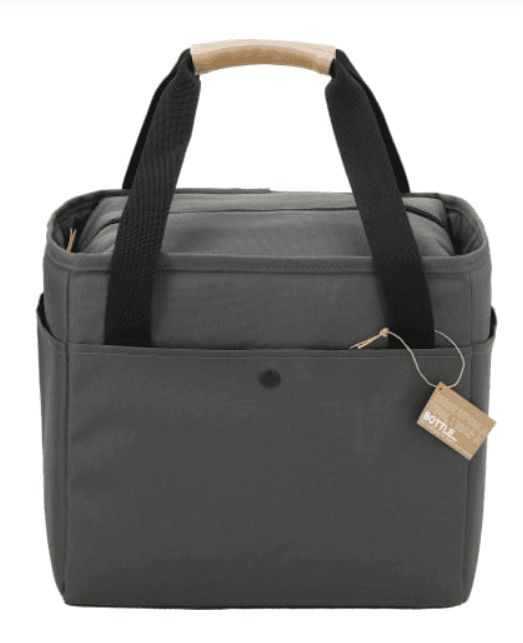SwagDrop Aft Recycled rPET 12 Can Cooler in grey, with a zipper, sturdy handles, and space for 12 cans, made from recycled materials.