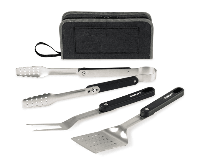 SwagDrop Cuisinart Outdoors Four-Piece Folding Grill Tool Set with a folding design in a case, ideal for BBQ enthusiasts and outdoor cooking.