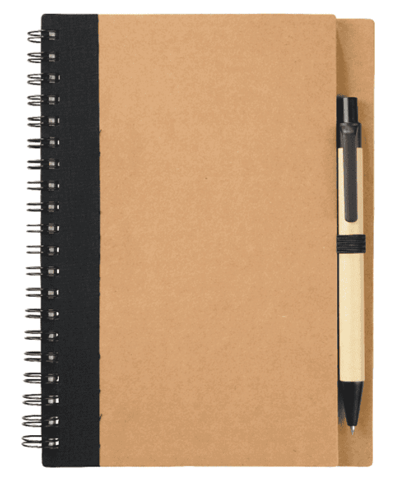 SwagDrop Eco Spiral Notebook with Pen in a natural tone, featuring recycled paper.