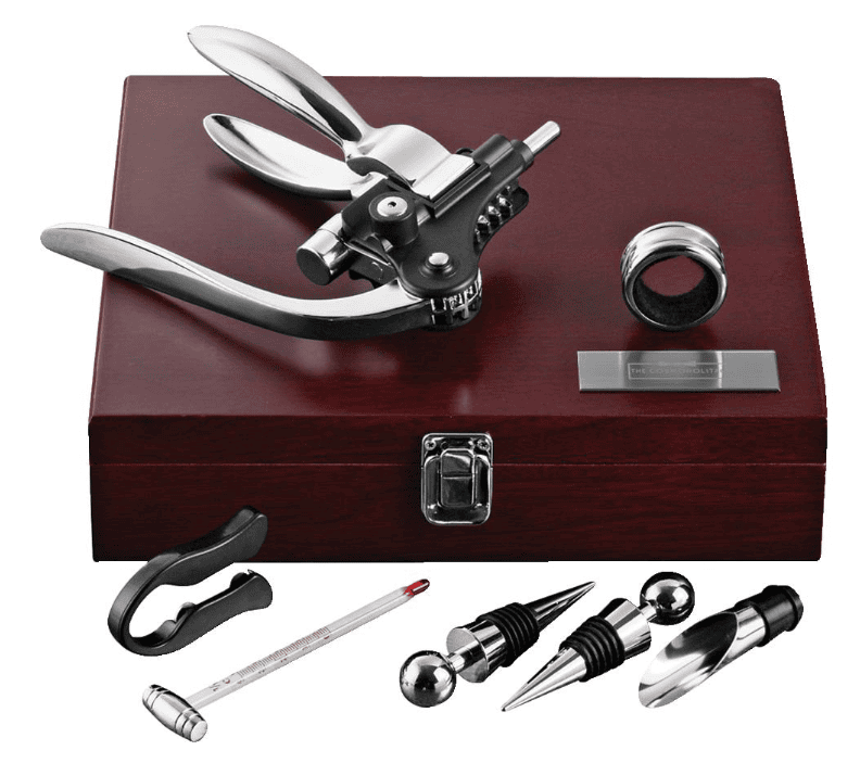 SwagDrop Executive Wine Collectors Set, including nine essential tools for an extraordinary wine tasting experience and an elegant wooden case.