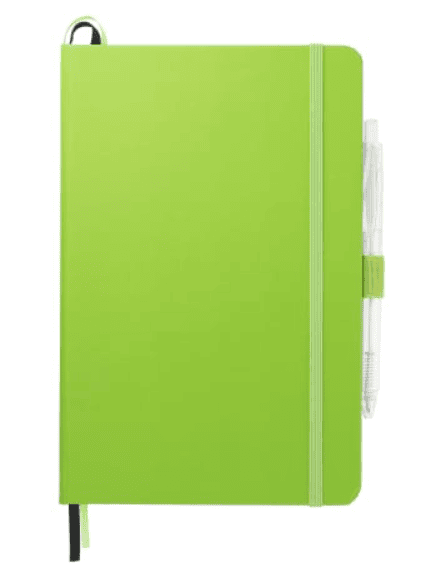 SwagDrop FSC Mix Bound JournalBook Set in green, featuring FSC-certified paper and a pen.