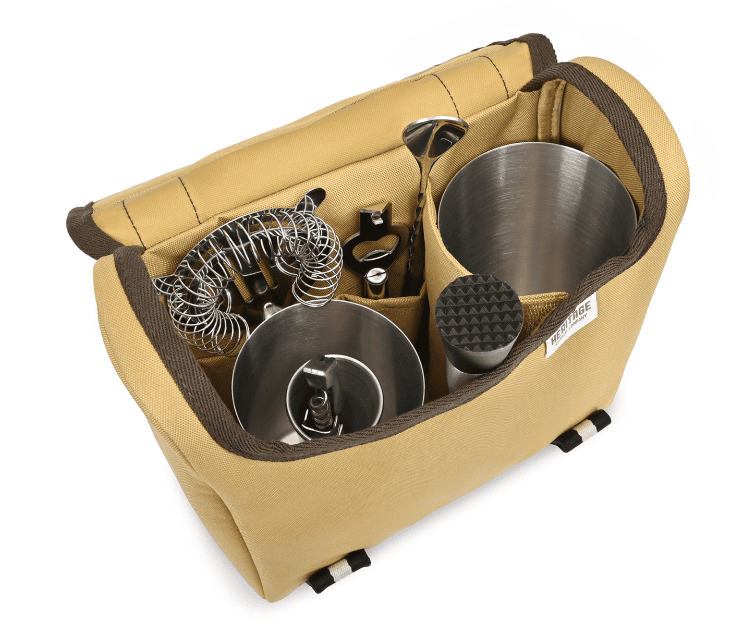 SwagDrop Heritage Supply Traveling Mixologist Tote Kit, including seven essential tools for making tasty cocktails on the go.