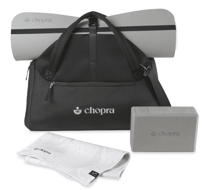 SwagDrop Home Studio Set including a yoga mat, a block, a towel, and a black duffle bag.