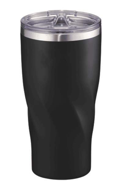 SwagDrop Hugo Copper Vac Tumbler with Powder Coating in black featuring a secure lid and an ergonomic shape.