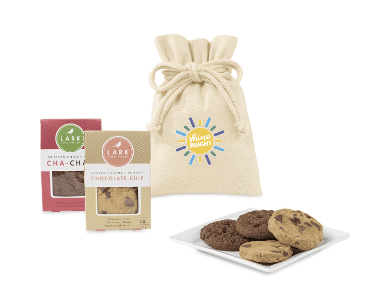 SwagDrop Lark Cookies Welcoming Sweet Treat Gift Bag branded with customizable logo options.