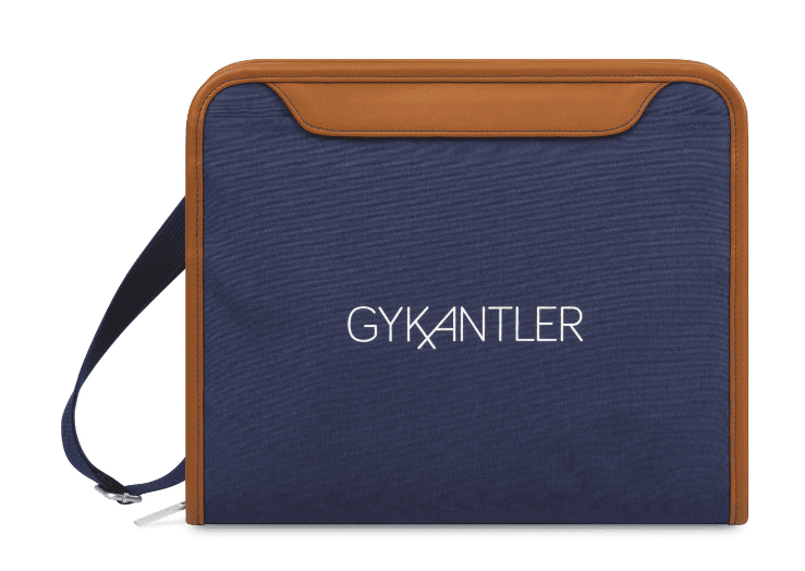 SwagDrop Mobile Office Hybrid Padfolio in blue, with mesh interior pockets, an elastic organizer, and a zippered closure.