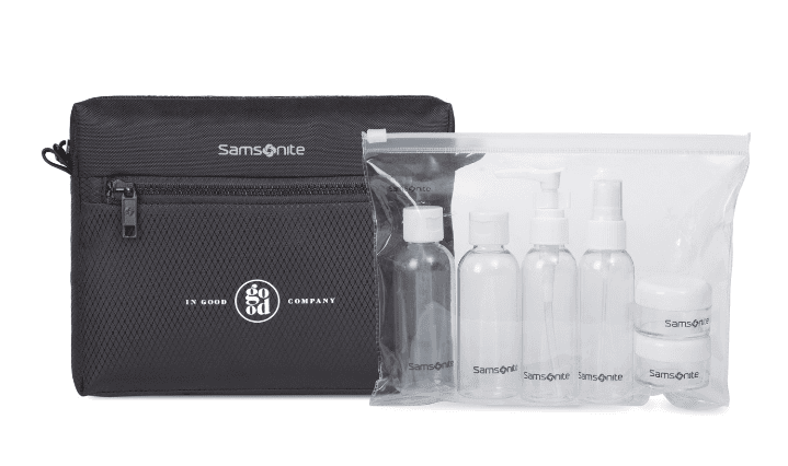 SwagDrop Samsonite Zippered Pouch and Six-Piece Travel Bottle Set containing six small refillable travel bottles.