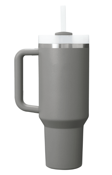 SwagDrop Stanley Quencher H2.O FlowState Tumbler, in grey, with a reusable straw and a comfortable handle, perfect for sipping beverages on the move.