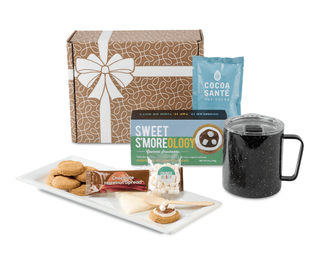 SwagDrop Stay-in S’mores Gift Set including a black mug, cocoa, and a s’mores kit, perfect for family bonding and indulging in holiday treats.
