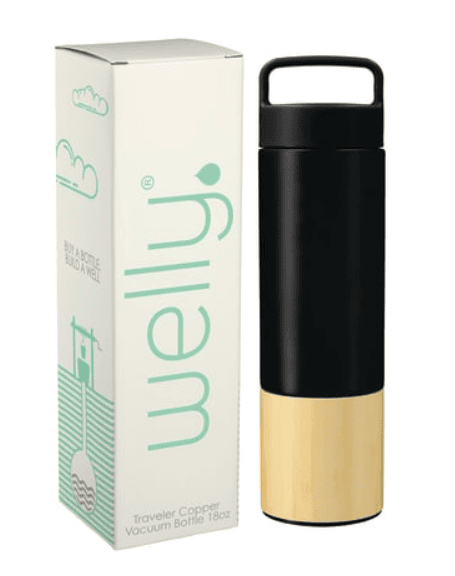 SwagDrop Welly Traveler Copper Vacuum Bottle in black, with a double-wall stainless steel body and an accompanying box.