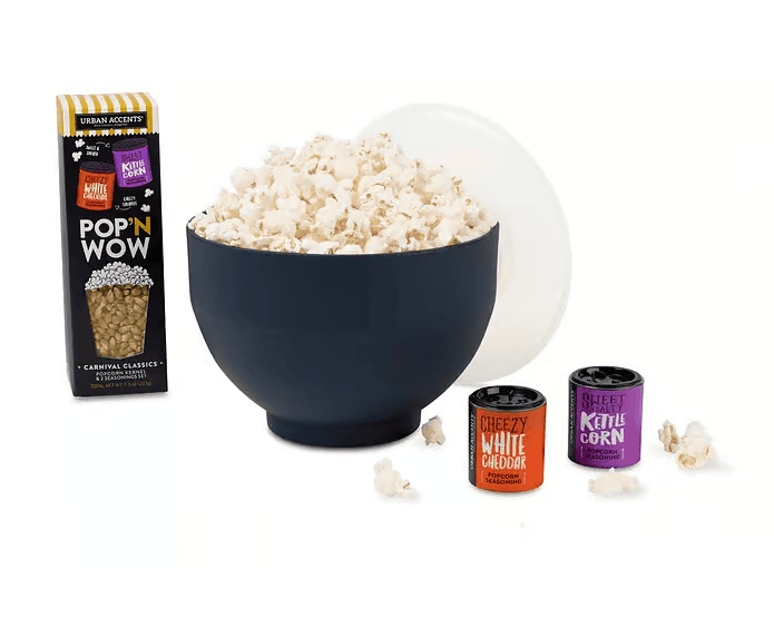 SwagDrop What’s Pop’N Gourmet Popcorn Gift Set with gourmet popcorn and seasonings, perfect for movie enthusiasts and home theater experiences.