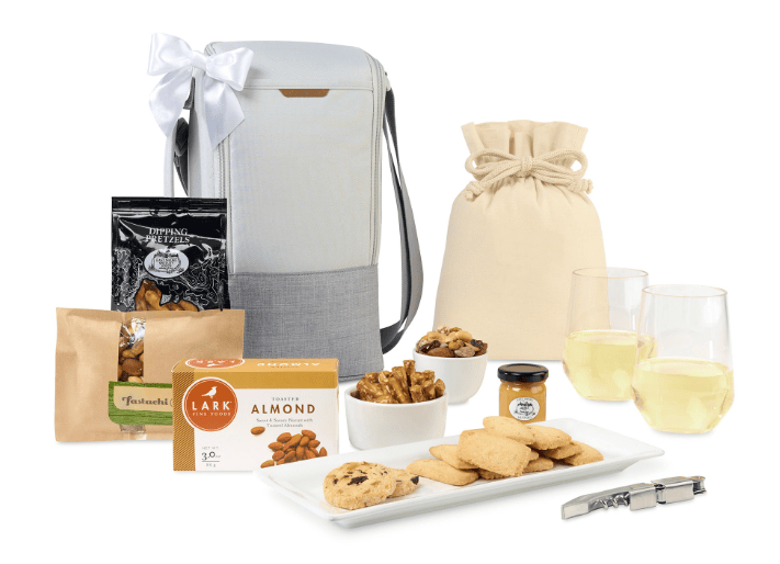 SwagDrop Wine Down Gourmet Cooler in grey, with wine glasses and snacks, ideal for romantic picnics or celebrating special occasions.