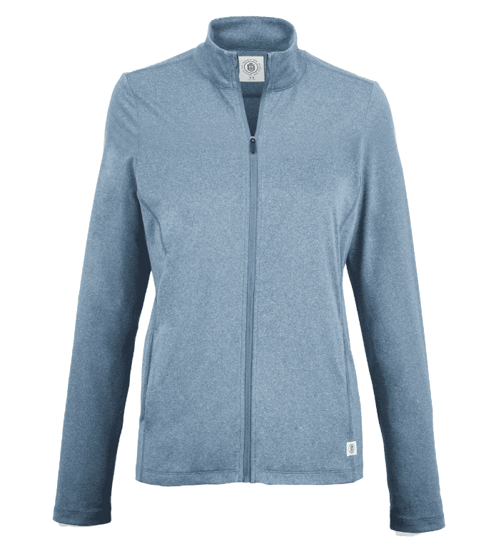 SwagDrop Women’s Greatness Wins Core Tech Full Zip in blue, with a feminine silhouette, made from breathable fabric.