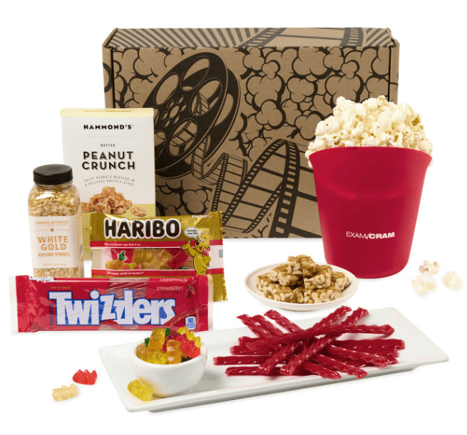 Screenshot of a popcorn bowl and lots of sweets and snacks.
