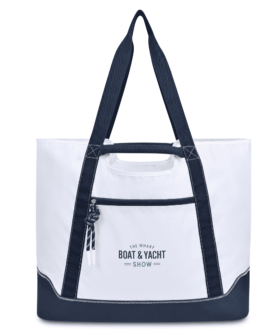 SwagDrop Harborside XL Boat Bag in white, with navy straps, waterproof lining, and spacious design for beach or boating trips.