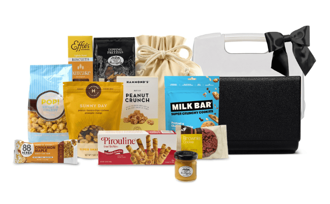 SwagDrop Igloo The Fun Starts Here Gourmet Cooler including sweet and salty snacks.