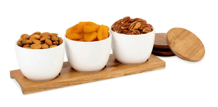 SwagDrop La Cuisine Appetizer Trio Tray made from Acacia wood with three ceramic bowls, perfect for serving snacks or appetizers at holiday gatherings.