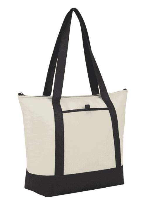 SwagDrop Lighthouse 24-Can Non-Woven Tote Cooler in white and black that doubles as a spacious tote with foil-lined insulation for temperature control.