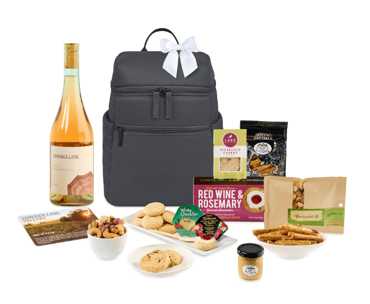 SwagDrop Limerick Lane Cellars Wine & Gourmet Backpack Cooler Gift Set, offering sweet and savory treats, plus a black backpack cooler for transport.