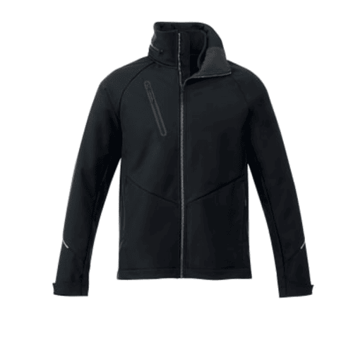 SwagDrop Men's PEYTO Softshell Jacket in black, providing water-repellent functionality with ergonomic sleeves for active wearers.