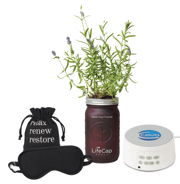 Screenshot of a pouch, a sleep mask, a plant and a sound machine.