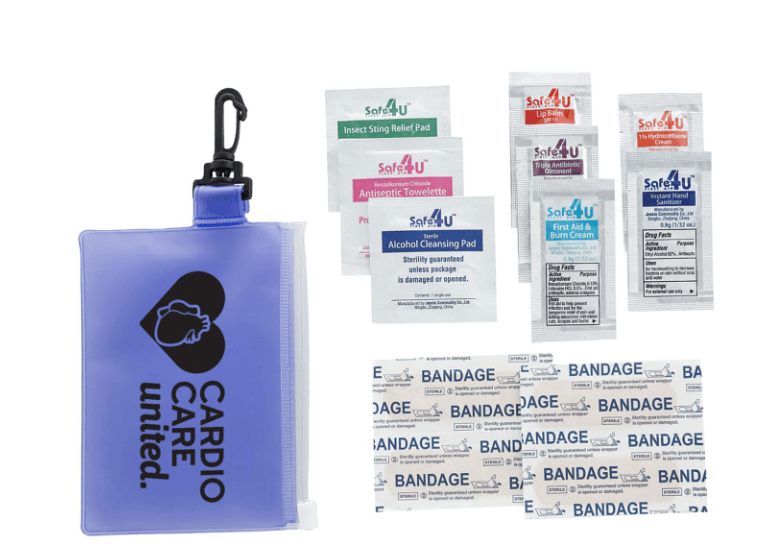 Screenshot of a pouch and lots of first aid items.