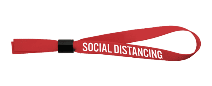 Screenshot of a red wristband with the message social distancing.