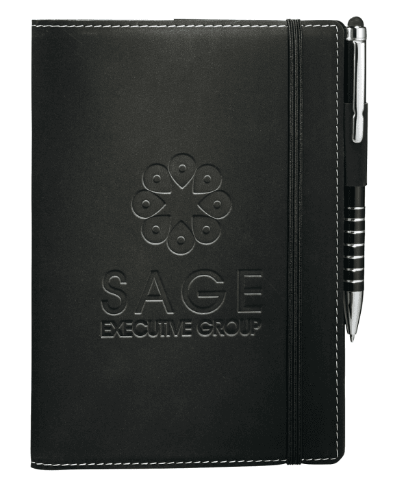 Screenshot of a black notebook with pen.