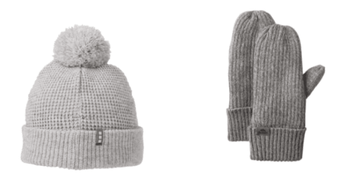 Screenshot of of a grey knit cap and a pair of grey mittens.