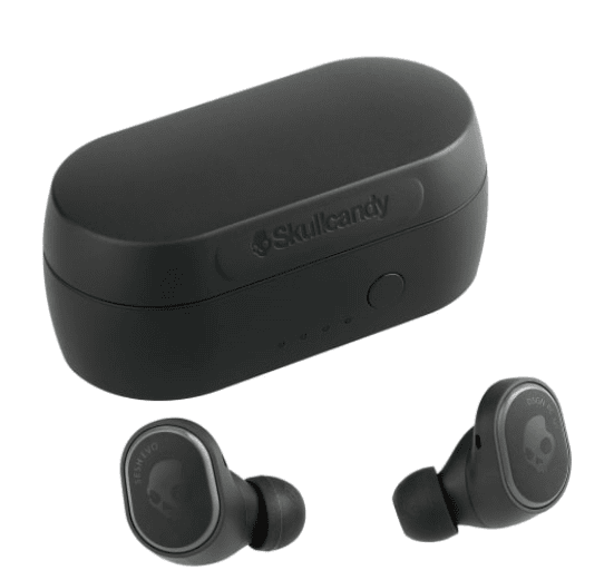Screenshot of a pair of black Bluetooth earbuds.