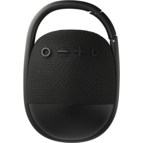 SwagDrop Fabric Clip Waterproof Bluetooth Speaker, in black, with a built-in clip, ideal for outdoor adventures and travel.
