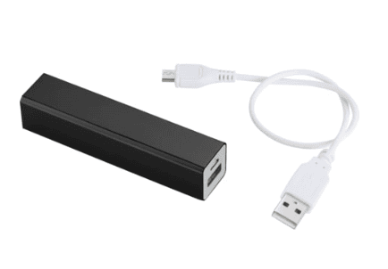 Screenshot of a black power bank and a white charging cable.