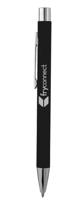 SwagDrop The Maven Soft Touch Metal Pen, in black, featuring a rubberized barrel and chrome accents for a sophisticated writing tool.