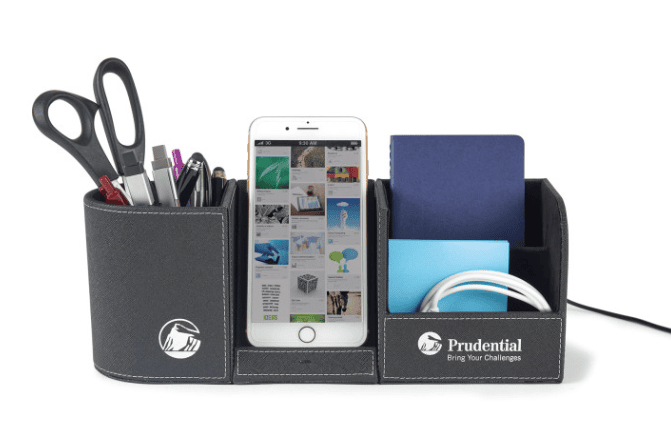 Screenshot of a desk organizer with office supplies and a phone.