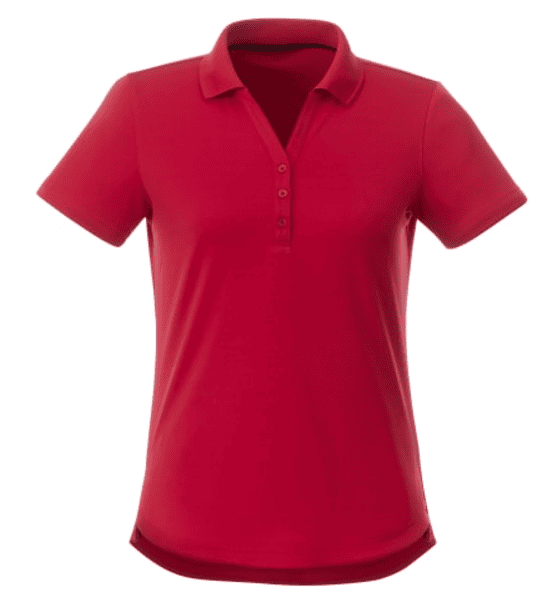 SwagDrop Women’s OTIS SS Polo in red, offering a flattering fit with breathable, moisture-wicking fabric in multiple color options.
